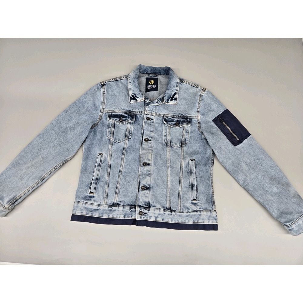 Nautica Jeans Co. Mens Denim Jacket Uptown Blue Wash Size Large Ribbed Knit Cuff - Picture 2 of 16